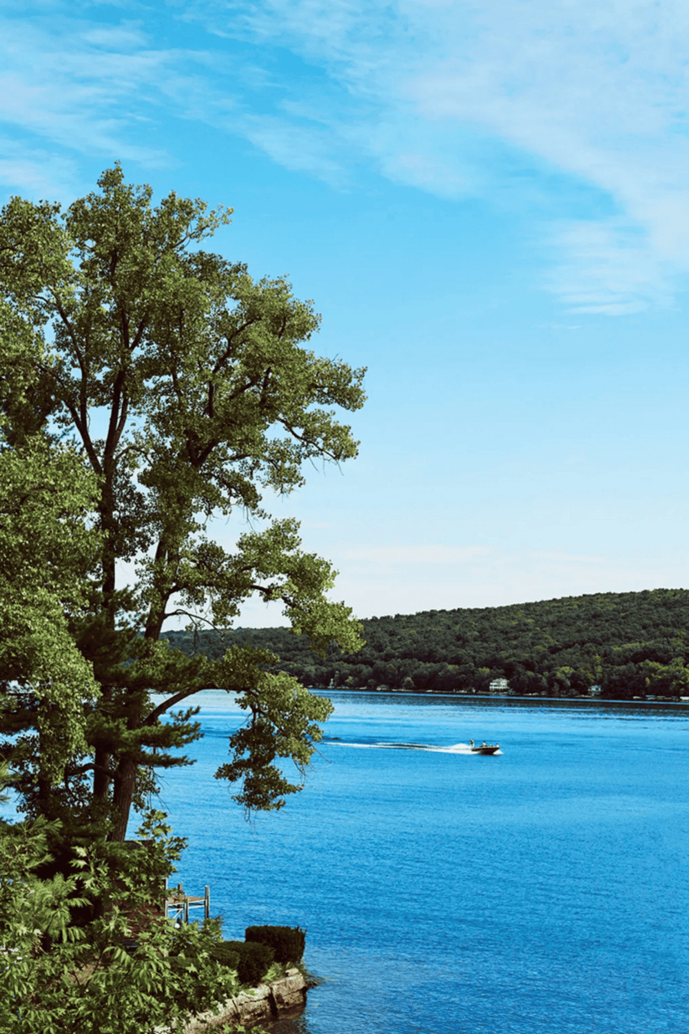 Tranquil lake scene with lush green trees and a boat cruising on the water, perfect for outdoor adventure and navigation guidance.