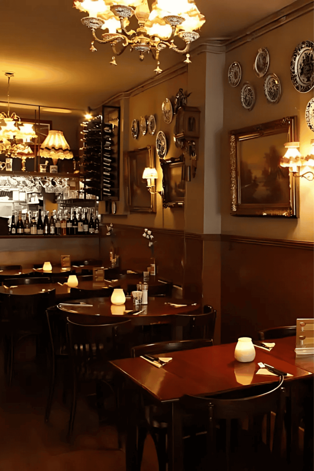 Comfortable restaurant interior with warm lighting and vintage decor, perfect for dining and enjoying dinner.