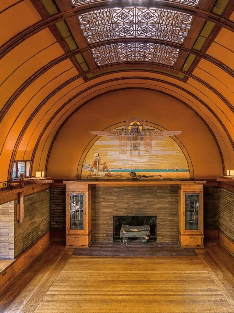Wooden fireplace with Art Deco mural at QuestForDirections, vintage-inspired interior design, warm tones, and intricate ceiling details.