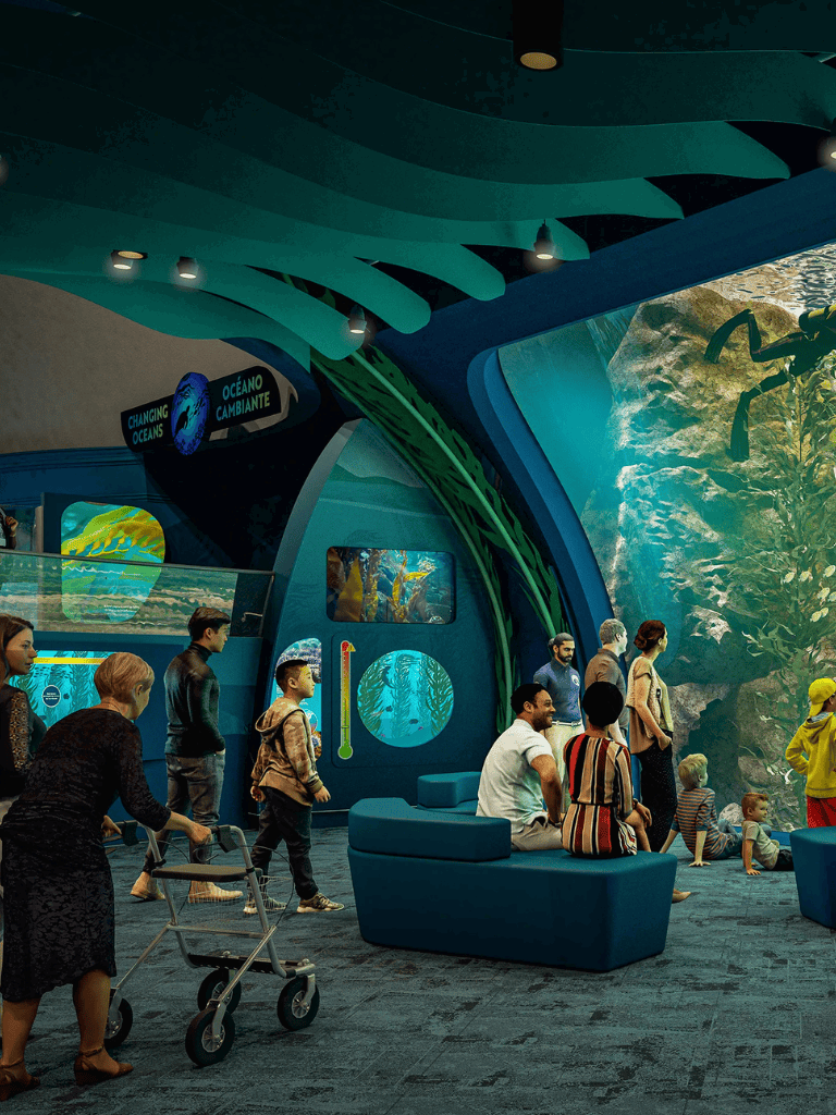 Colorful oceanic exhibit with visitors exploring marine life and interactive displays at Quest for Directions.