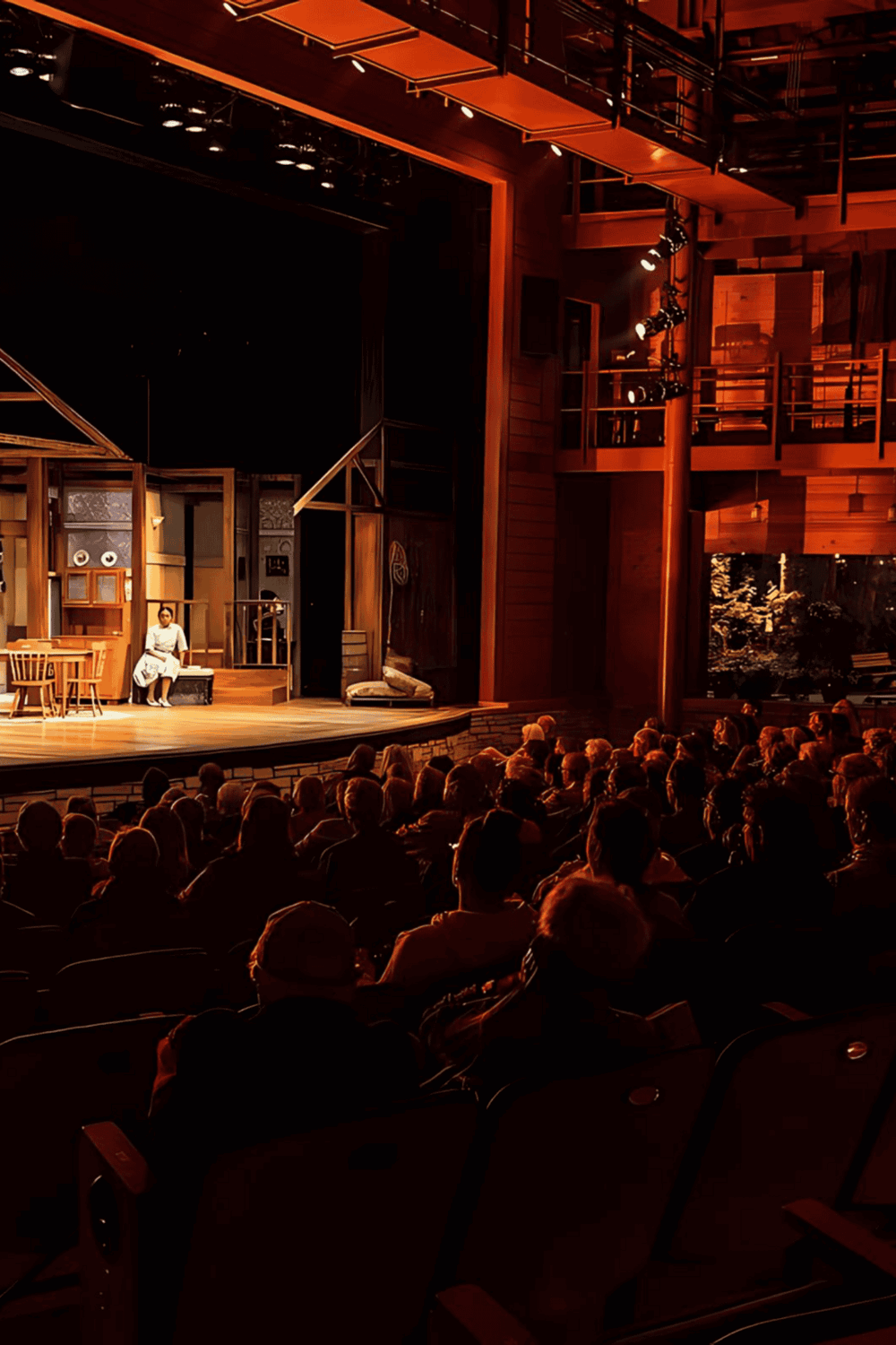 Audience watching a theatrical performance in a cozy, wooden theater setting.