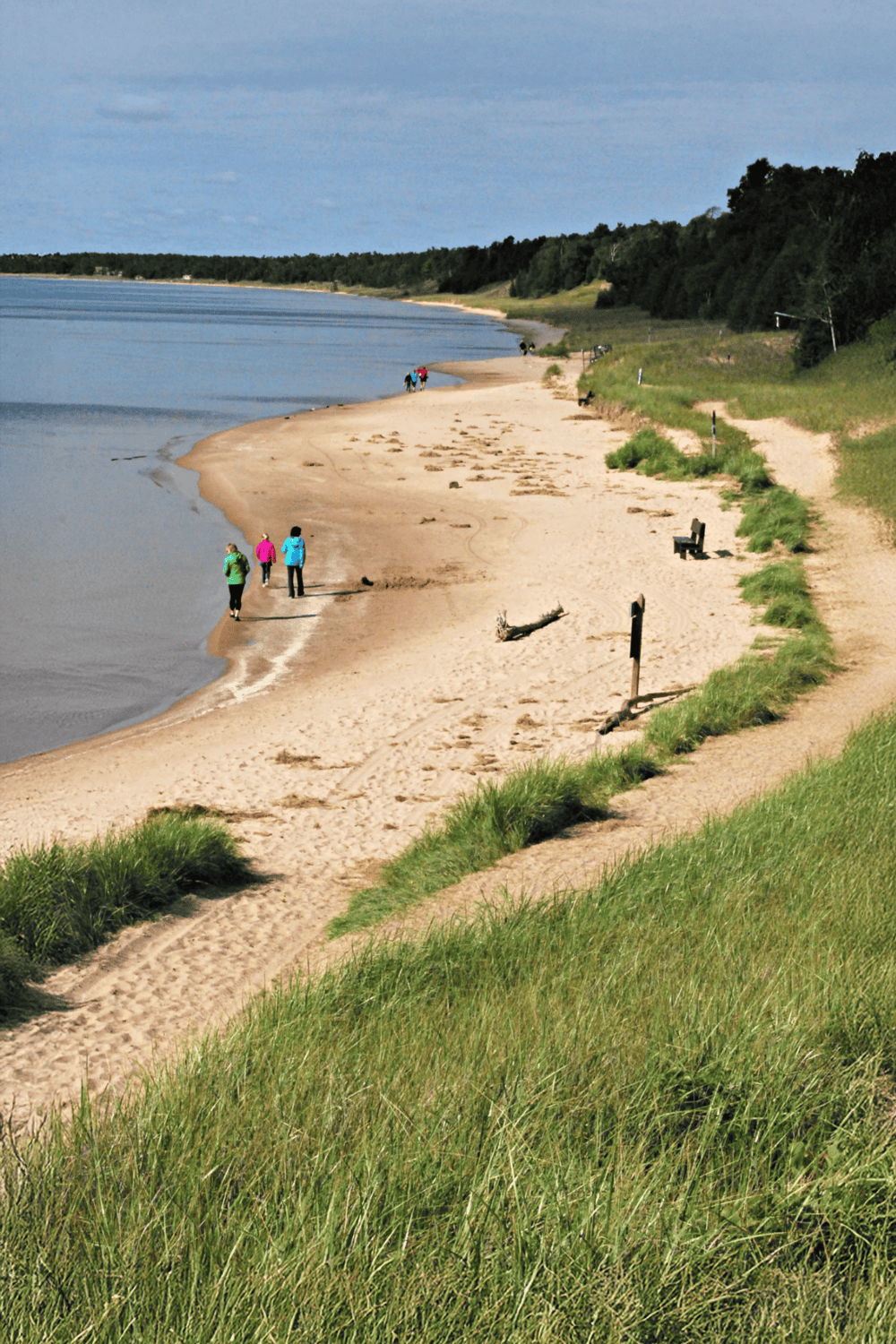 Serene beach view with walking trail, green grass, and people enjoying nature at QuestForDirections.