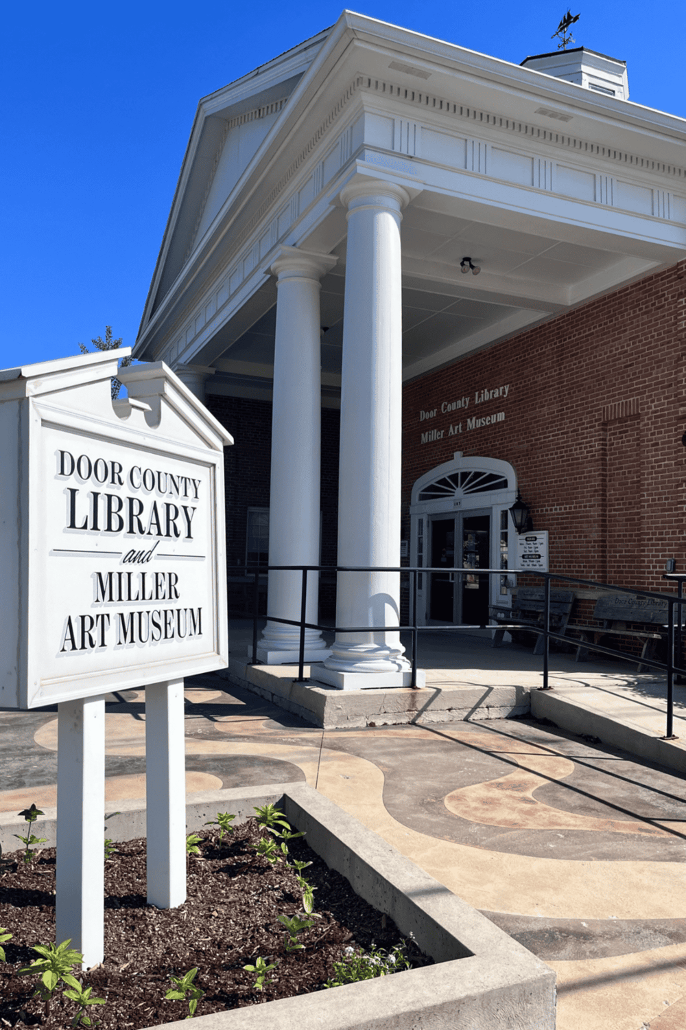 Historic library and art museum entrance in Door County, Wisconsin.