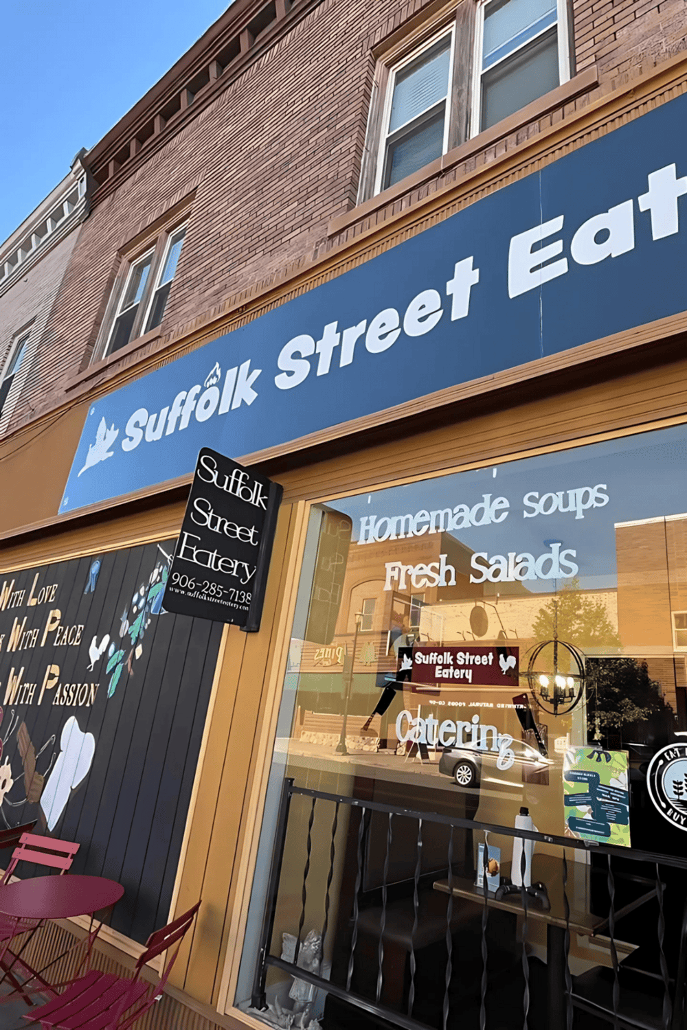 Delicious homemade soups and fresh salads at Suffolk Street Eatery exterior, serving nutritious meals in a cozy downtown setting.