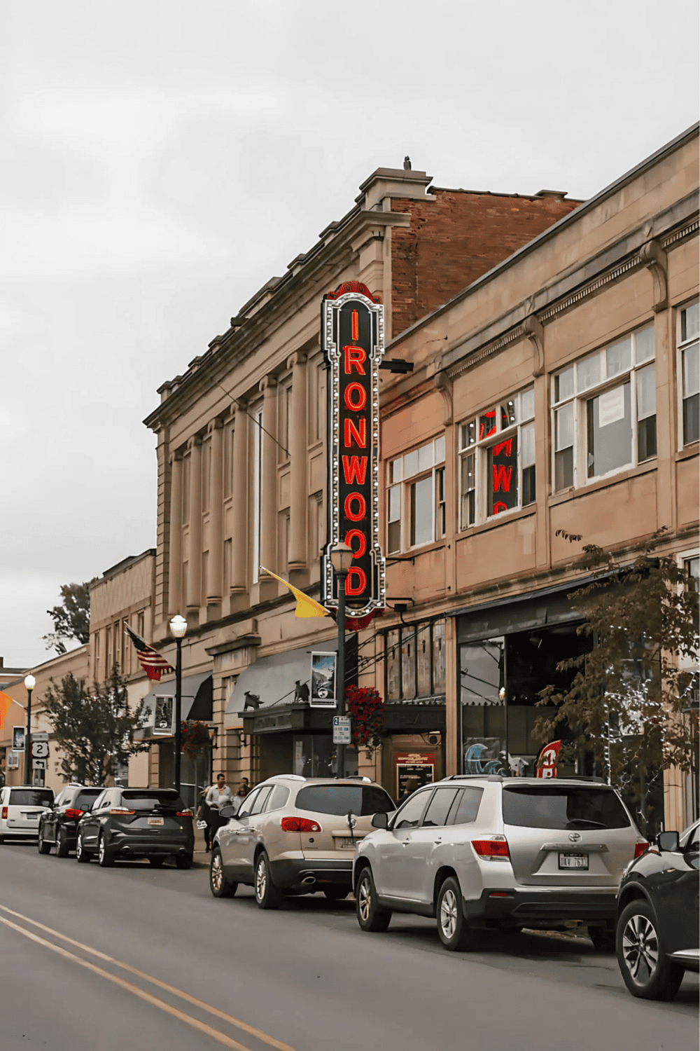 Irontown Historic Theater with neon sign in downtown.