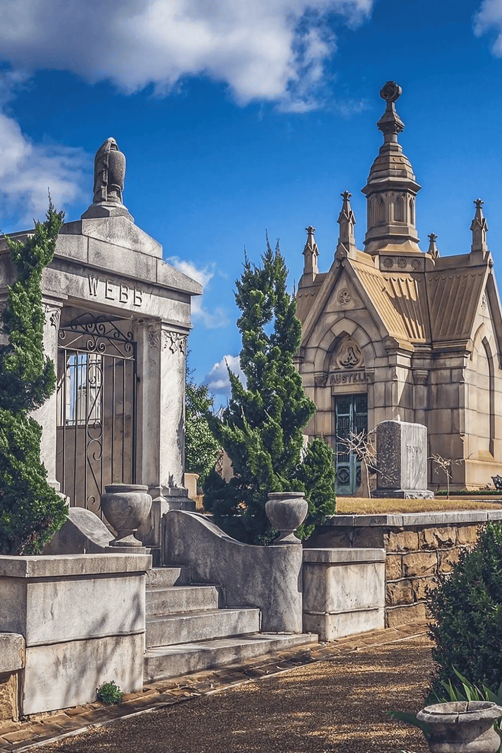 Ancient cemetery with historic tombstones, ornate sculptures, and greenery under blue skies.