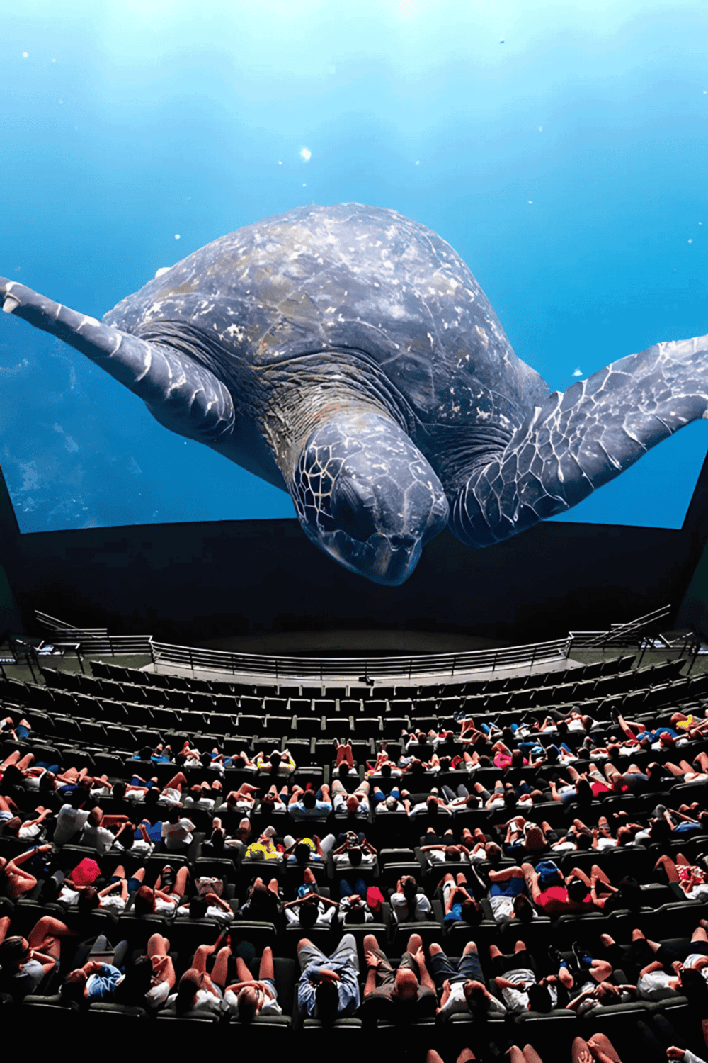 Majestic sea turtle on a giant aquarium screen, engaging visitors in an immersive ocean experience.
