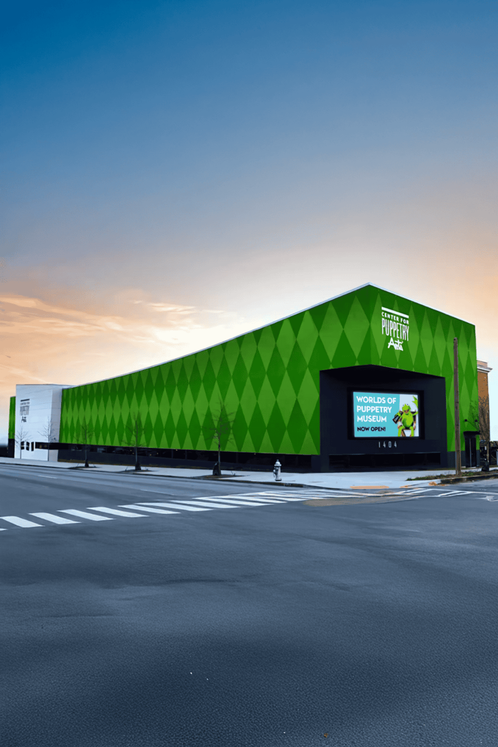 Vibrant green puppet museum exterior with digital signage, creating an engaging attraction.