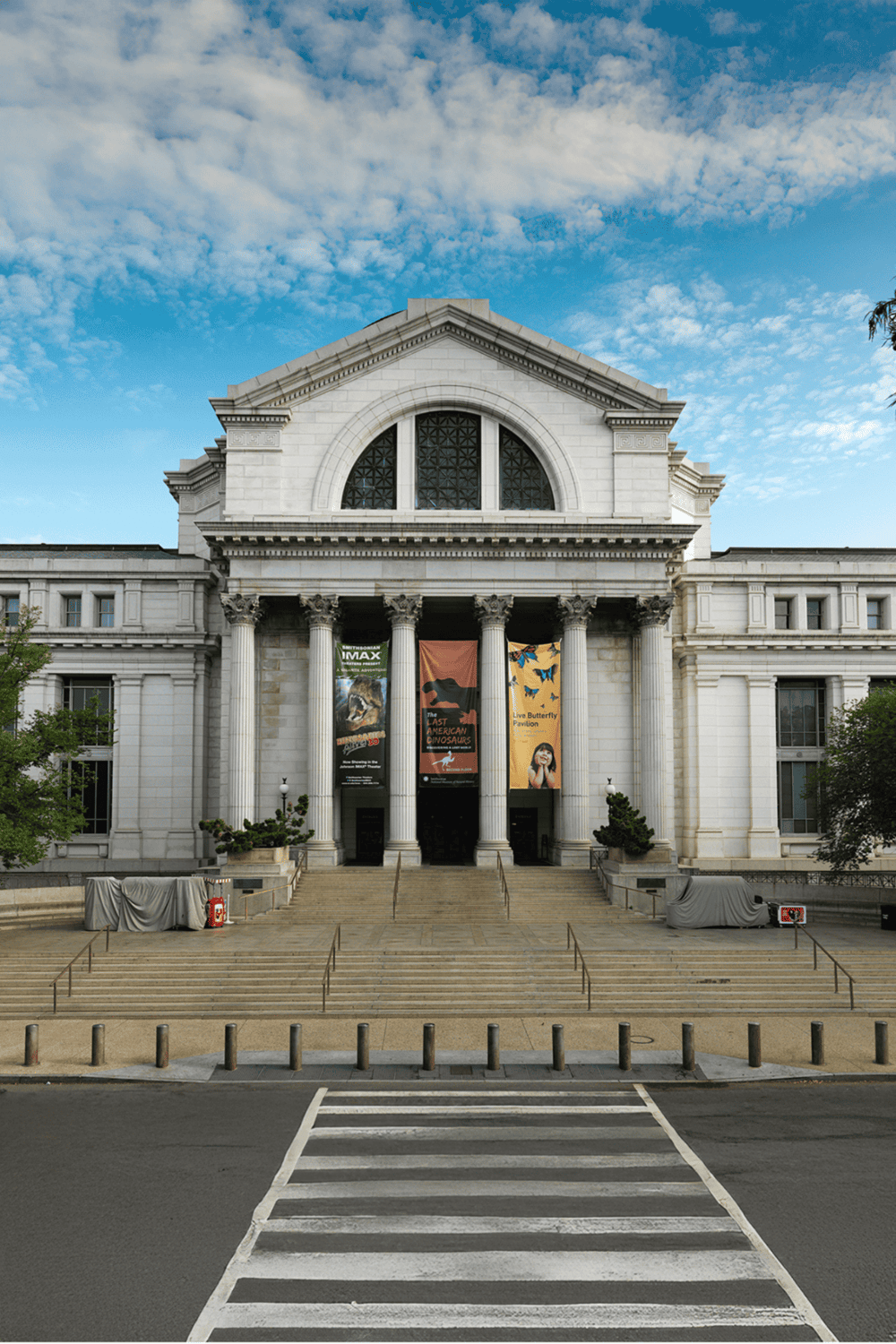 Grand neoclassical museum building with columns and banners, popular educational and cultural destination.