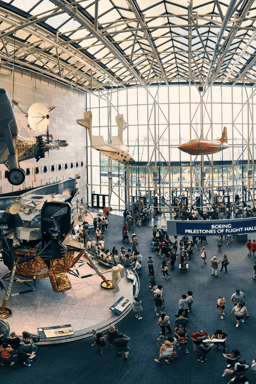 1. Aerospace exhibit at Boeing Flight Hall in St. Louis with space and aircraft models.