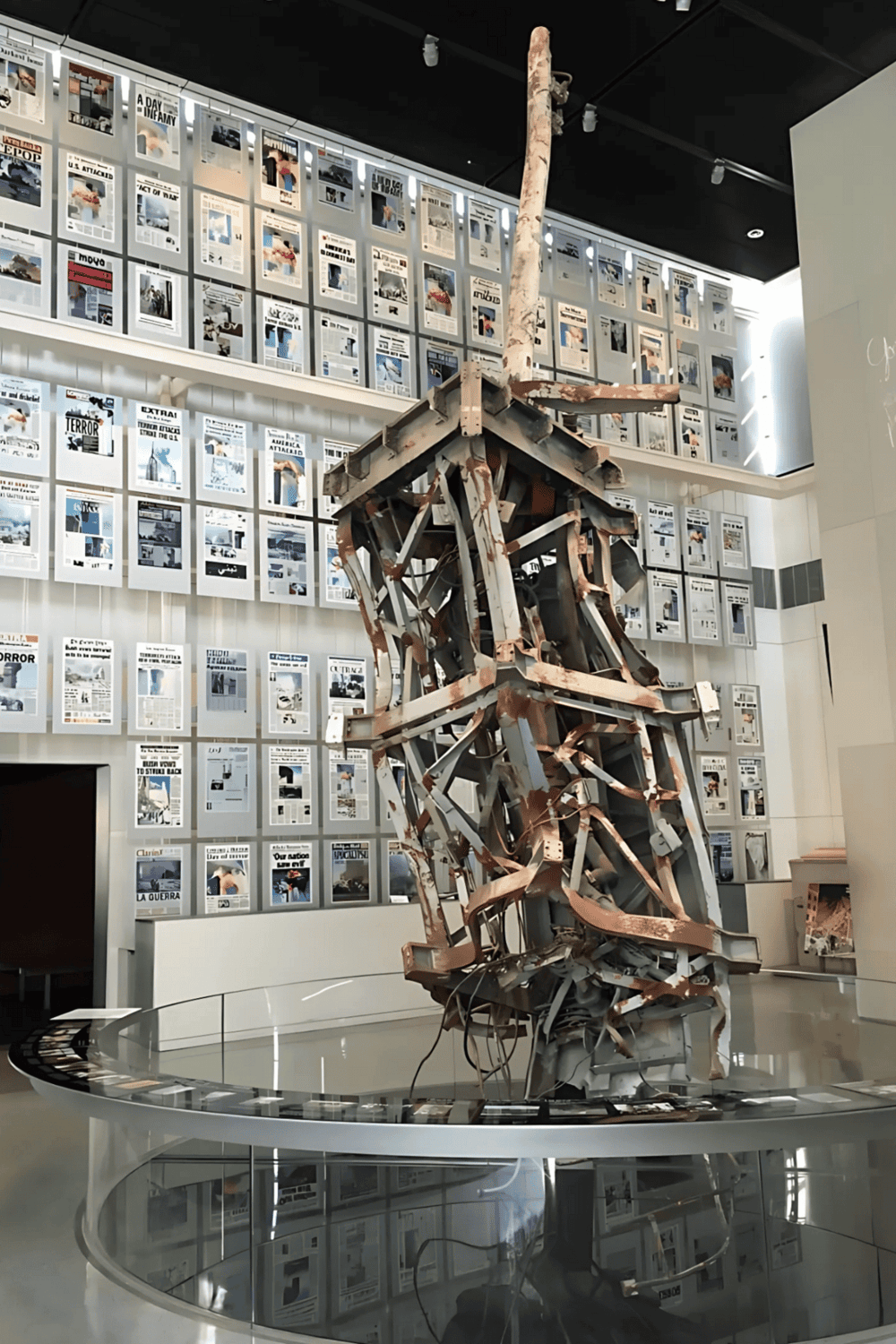 A large, abstract metal sculpture resembling a broken chair inside a modern gallery.