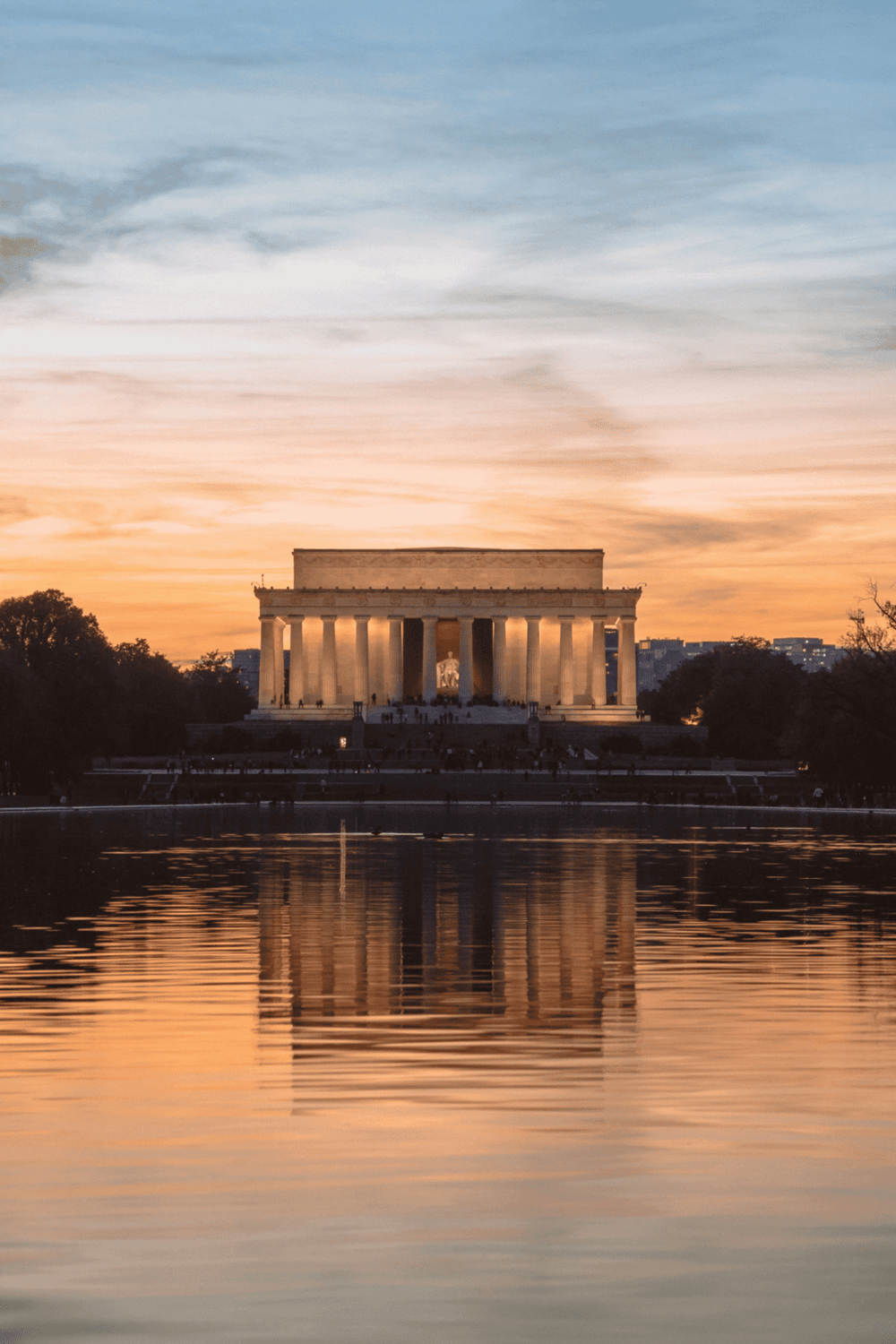 Lincoln Memorial at sunset with reflecting pool, Washington DC travel guide, iconic American landmark, scenic views, historical site.