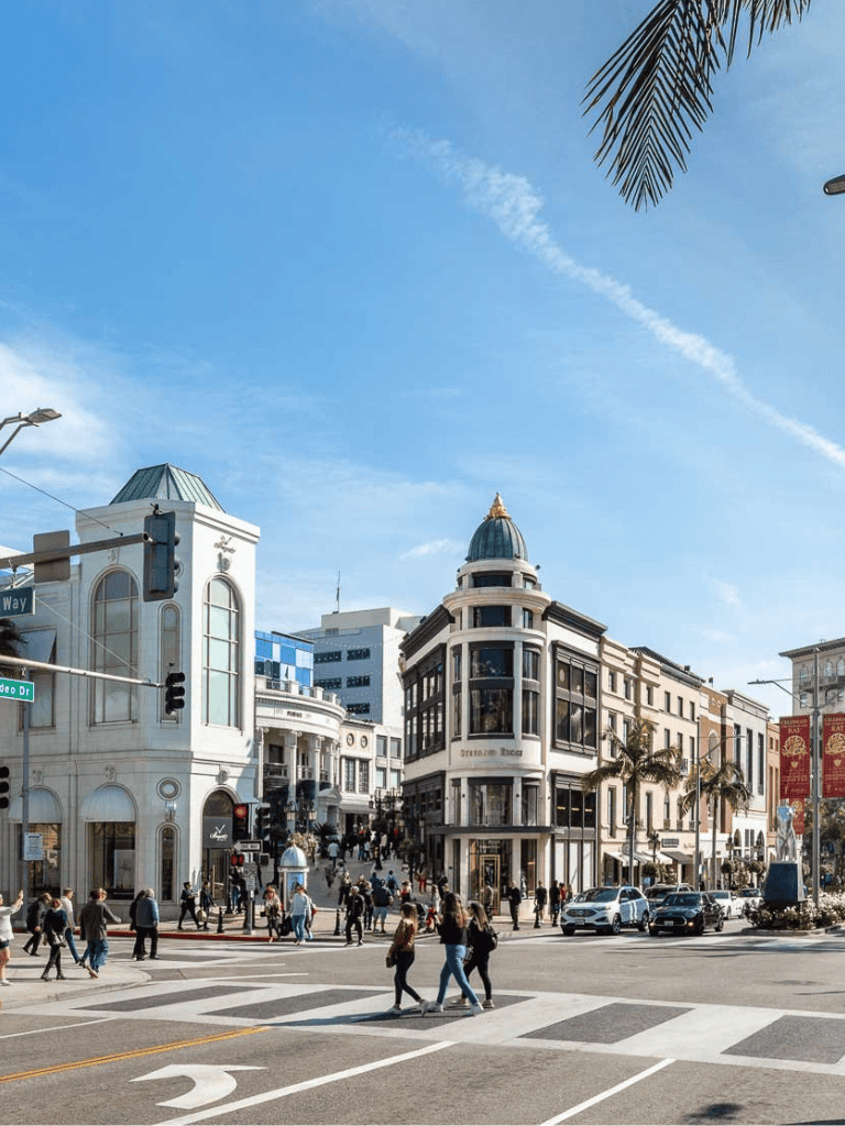 Vibrant city street scene with historic architecture, palm trees, and pedestrians, ideal for urban exploration and shopping.
