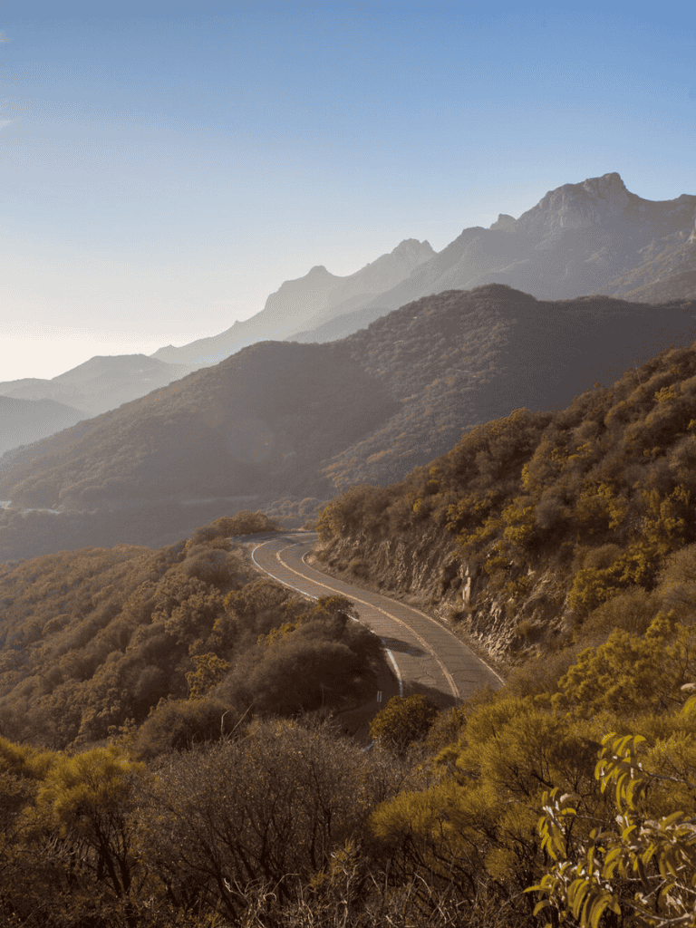 Serene mountain road surrounded by lush greenery and rolling hills, ideal for scenic drives and outdoor adventures.