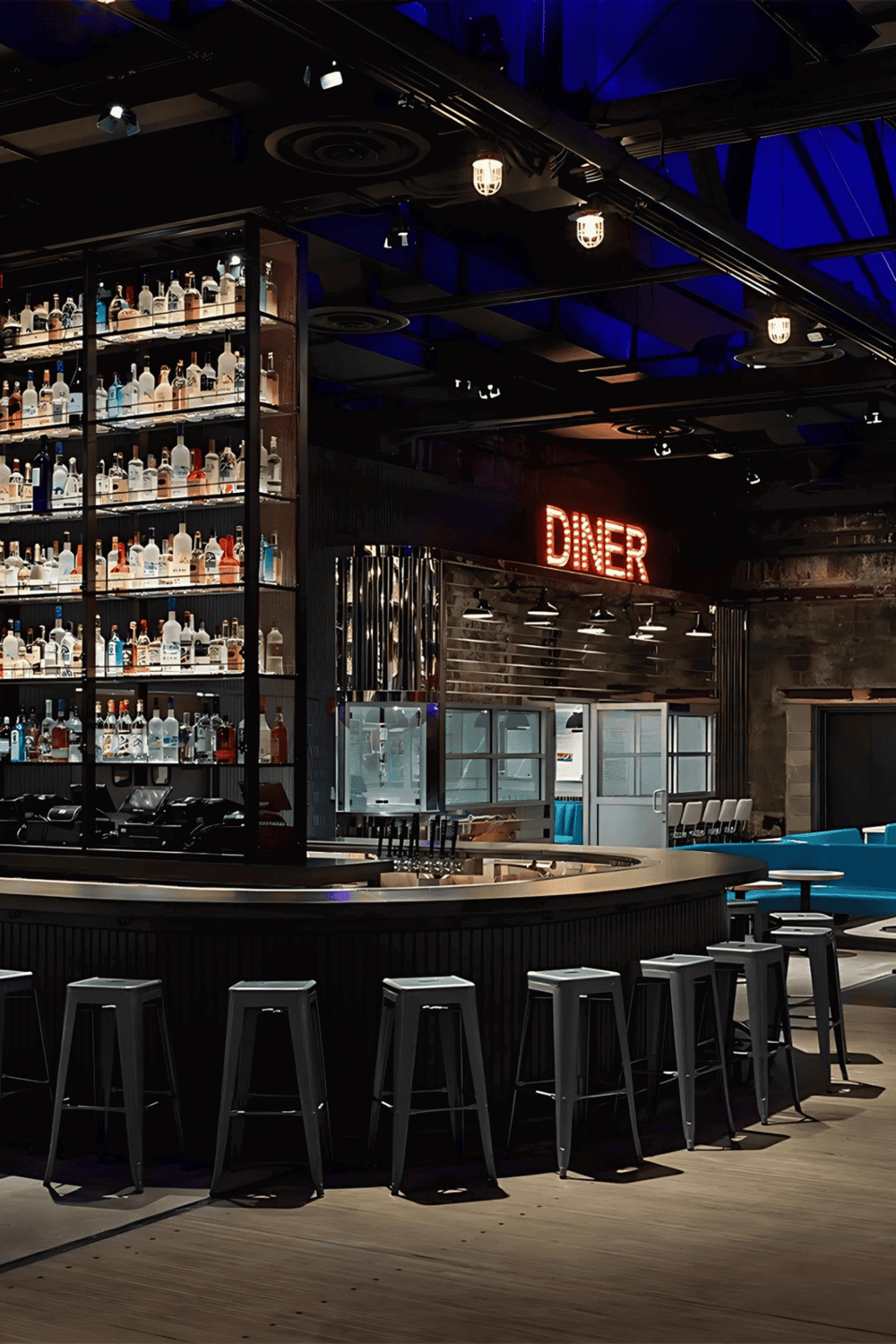 1. Modern bar counter with liquor bottles at trendy diner in a stylish restaurant setting.