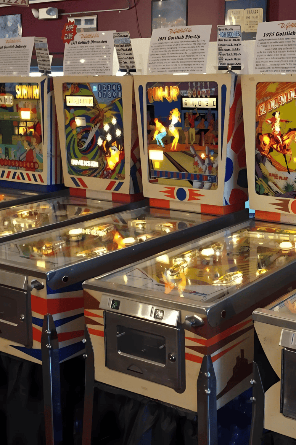1. Vintage pinball machines at an arcade with classic gaming graphics and colorful designs.