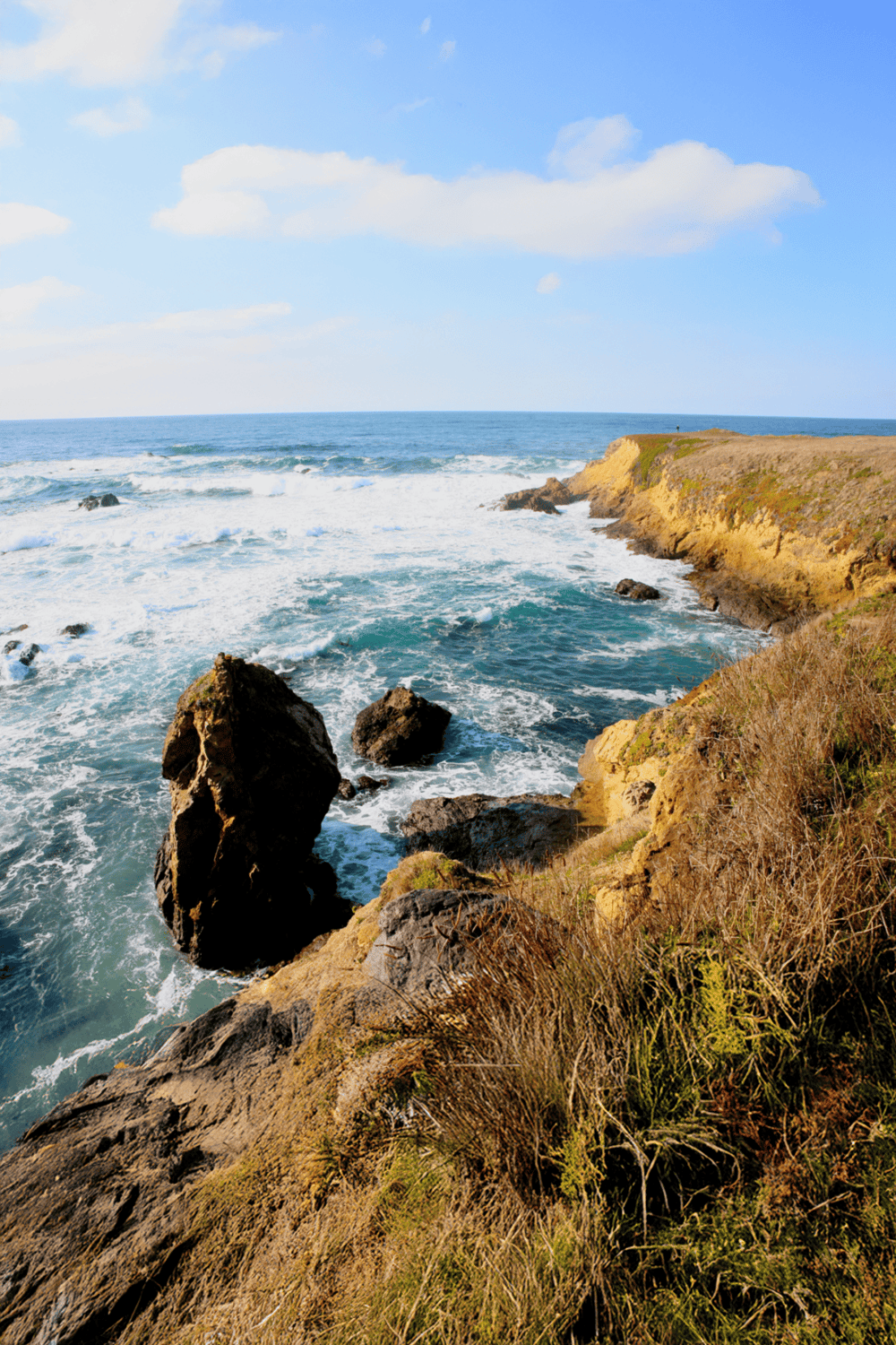 Rugged coastal cliffs and crashing ocean waves, scenic California seaside views.