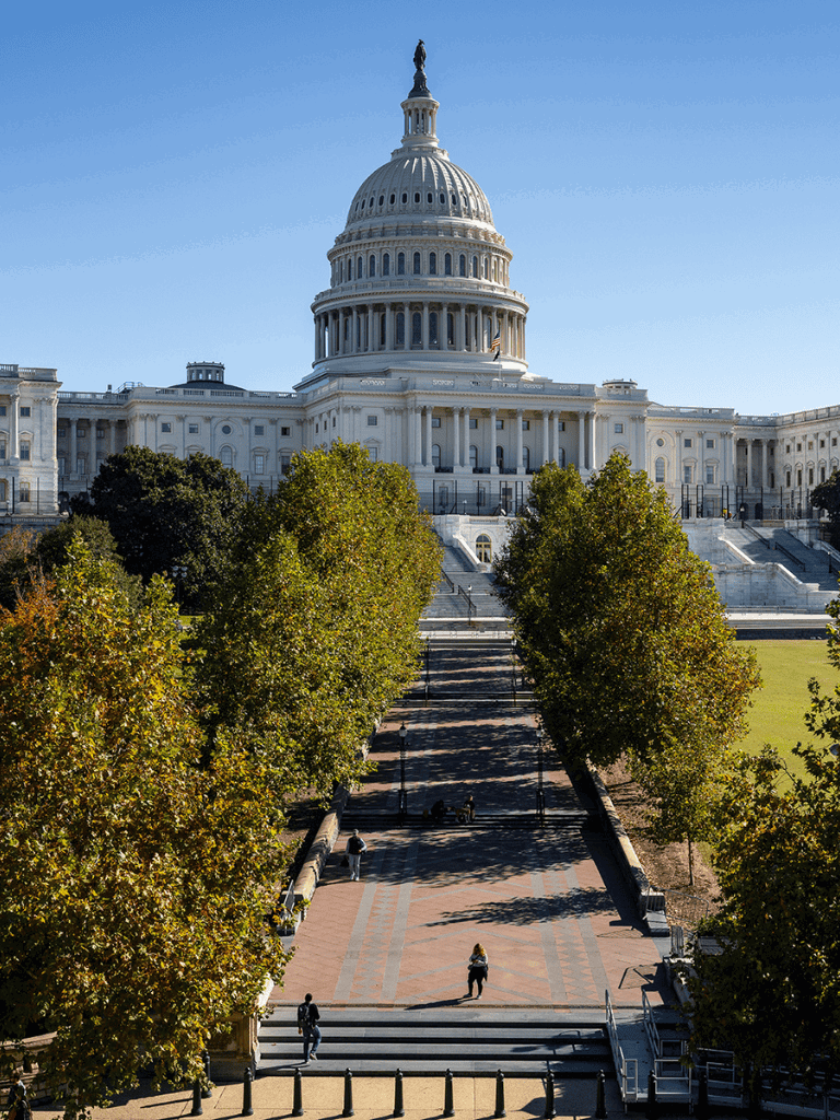 US Capitol building in Washington, D.C. during daytime with clear sky and visitors walking.