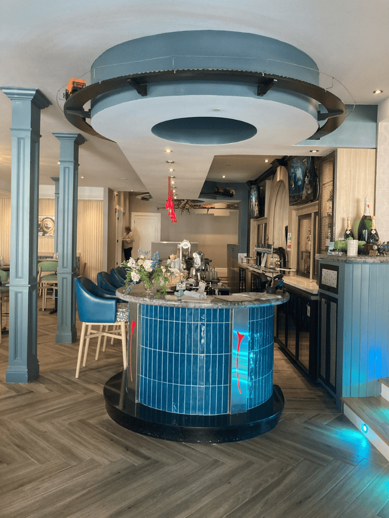 Modern bar interior at QuestForDirections location, featuring blue tiled bar and contemporary decor.