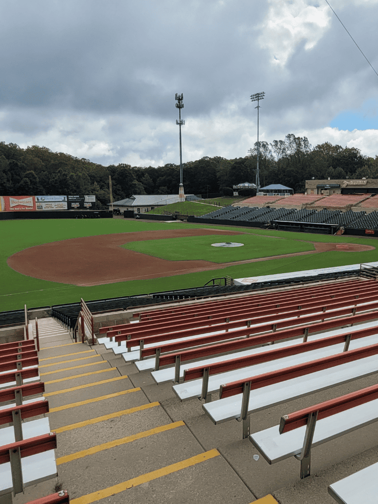 Field 1: baseball stadium with empty seating and cloudy sky.