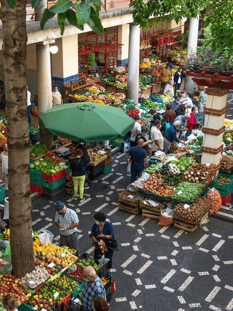 Fresh fruit and vegetable market at QuestForDirections outdoor shopping area.
