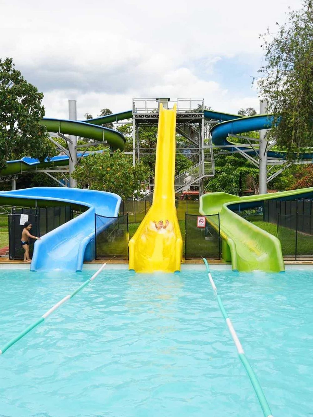 Colorful water slides at Quest for Directions water park.