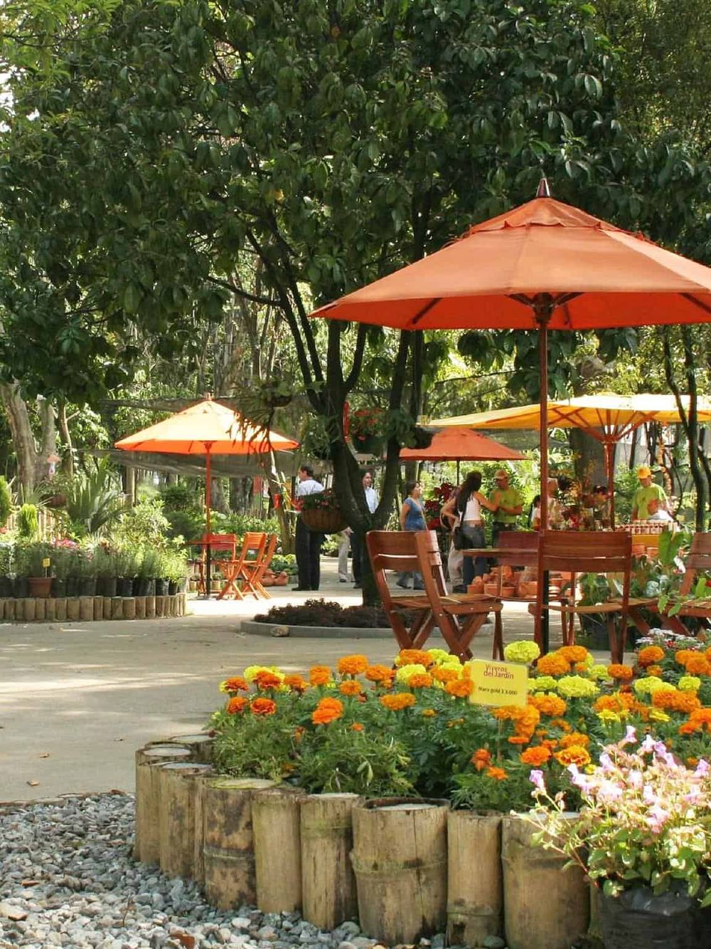 Colorful outdoor garden market with orange umbrellas, blooming flowers, and visitors enjoying a sunny day.