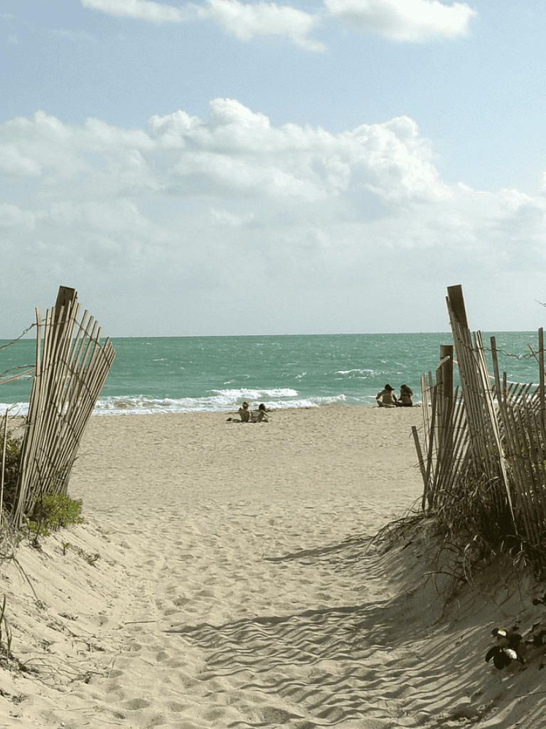 Seaside pathway leading to sandy beach with ocean view and wooden fences on both sides.