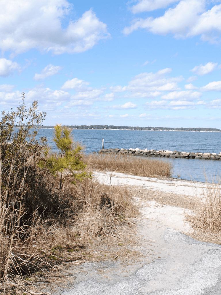 Serene water view of a coastal shoreline with sandy path, rocks, and cloudy sky, ideal for travel and nature enthusiasts.