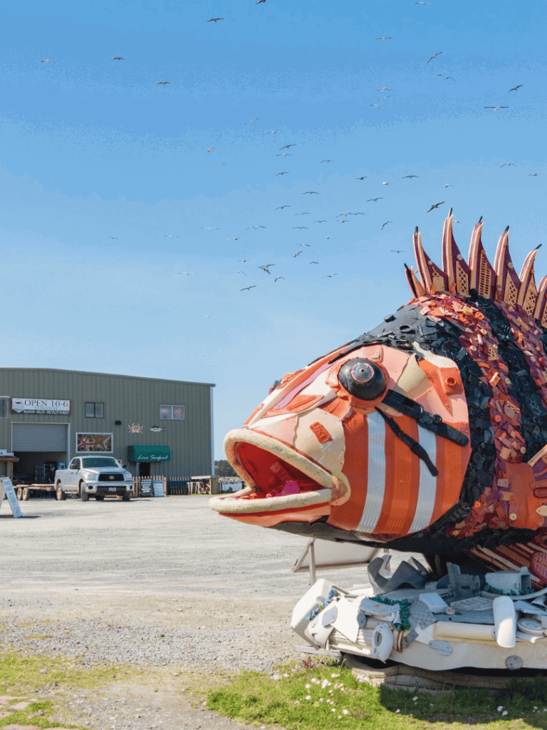 Colorful fish sculpture at Quest for Directions tourist attraction in San Pedro, Belize.