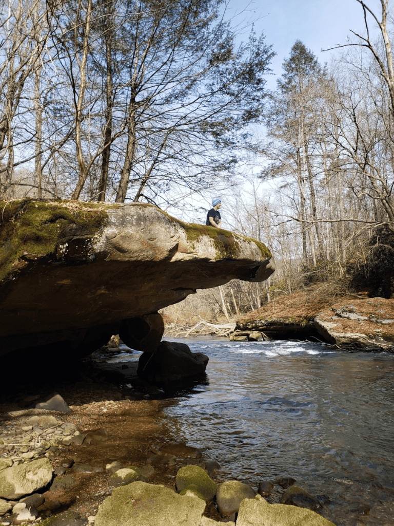 Child sitting on a large rock over a river in a forested area, exploring nature and outdoor activities.