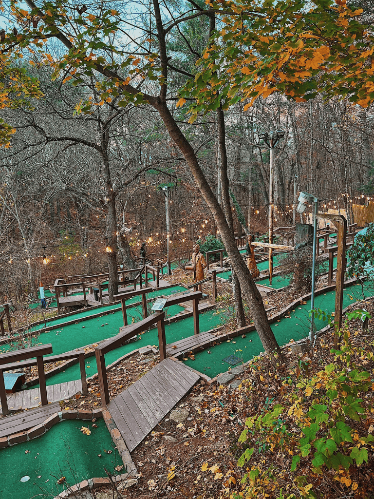 Secluded outdoor mini-golf course with trees, string lights, and wooden ramps in a lush forest setting.