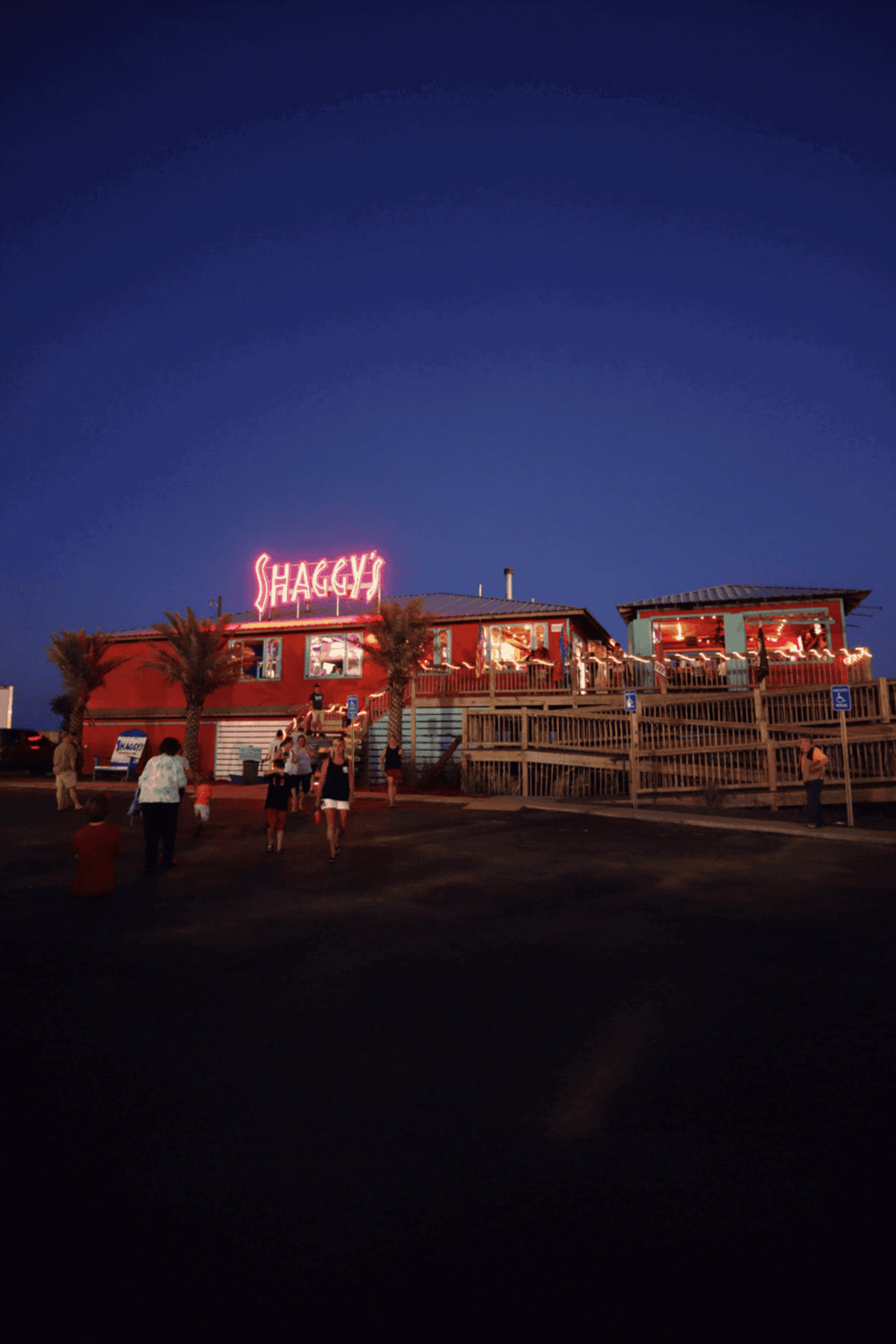 Neon sign "Shaggy's" at night with people walking outside, casual dining, live music, beachside restaurant, vibrant nightlife.