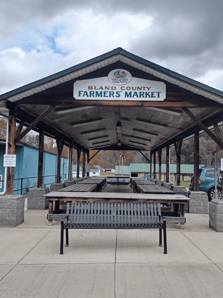 Fresh Farmers Market in Bland County Virginia with outdoor seating.
