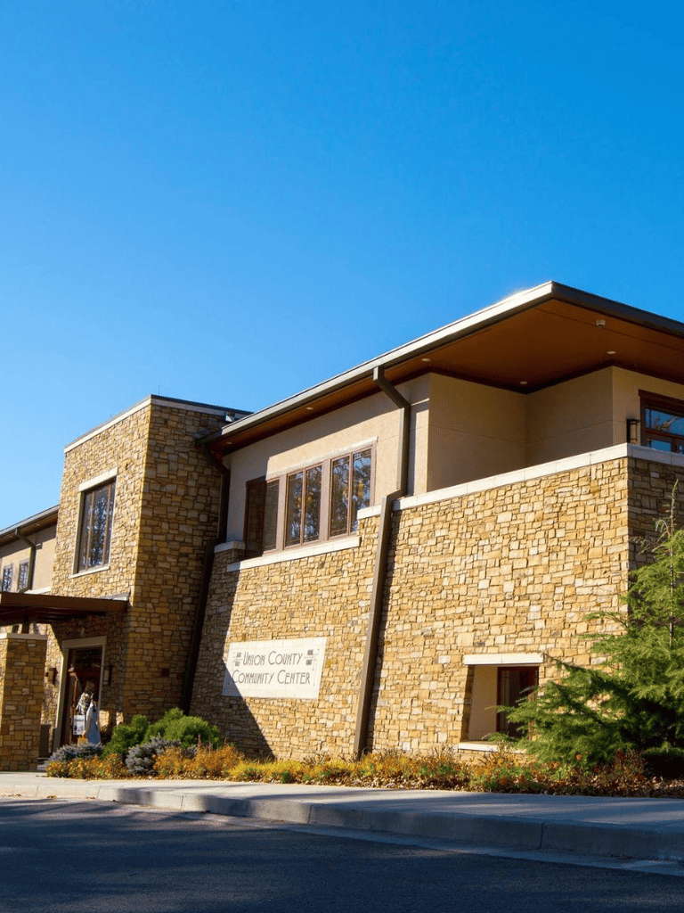 Modern community center with stone facade at Union County.