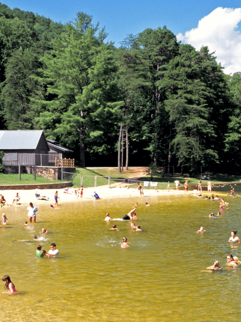 Lakeside beach with families and children swimming and relaxing, surrounded by lush green trees and a small wooden cabin.