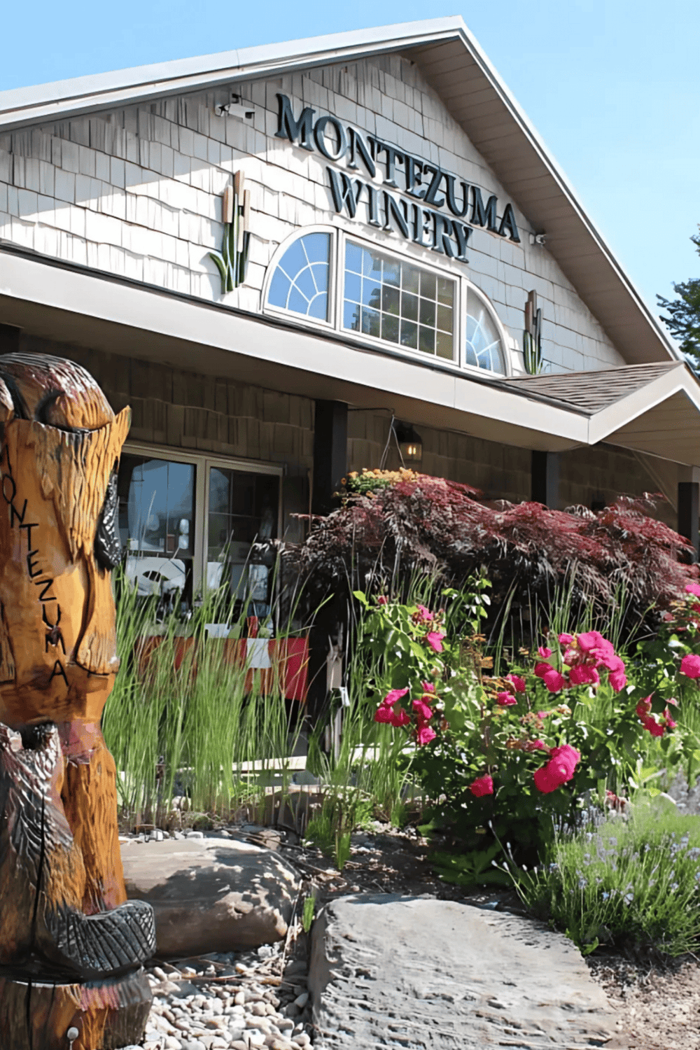 Elegant winery entrance at Montezuma Winery with colorful gardens and artistic wood carving, perfect for wine tasting and scenic visits.
