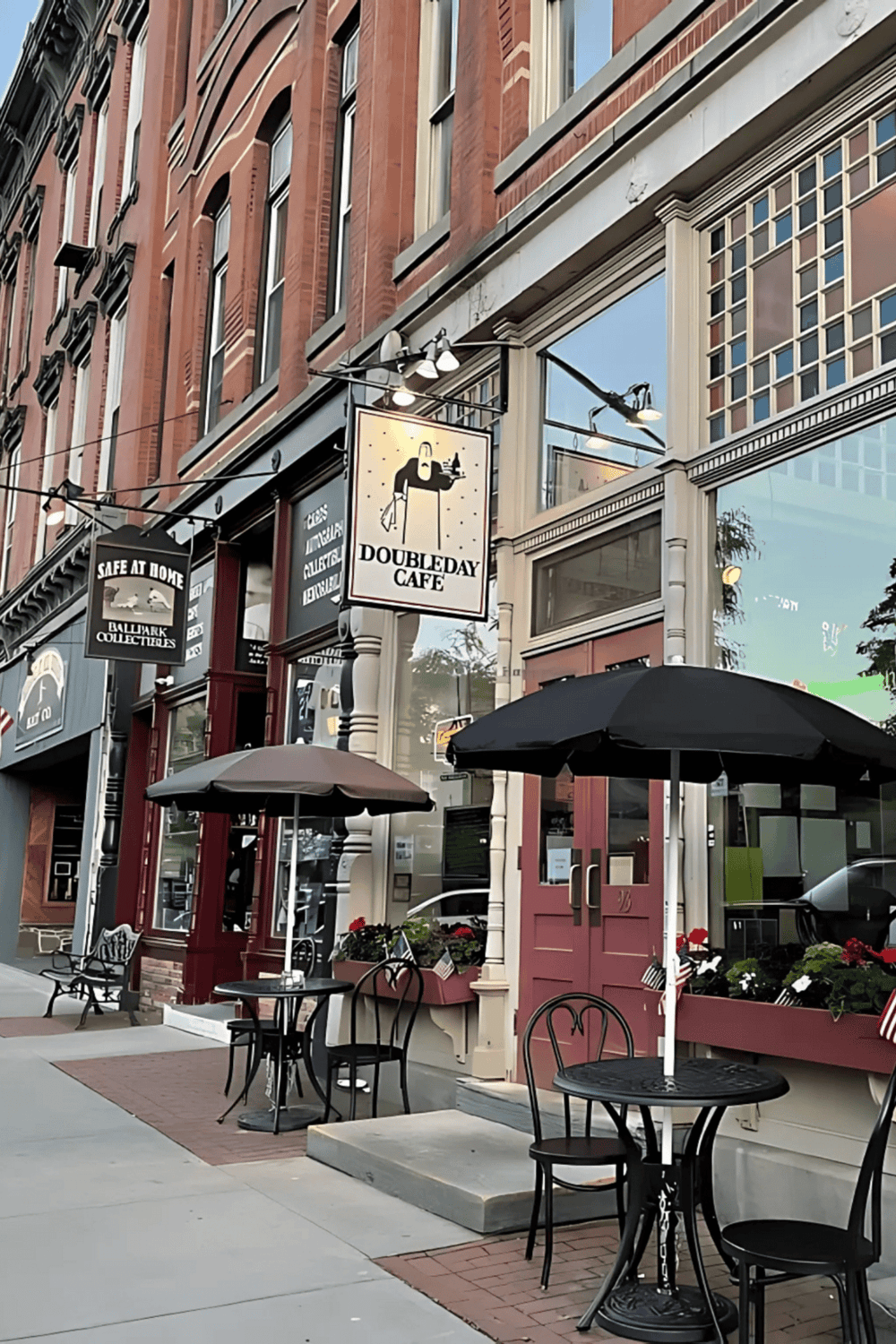 Charming outdoor café scene with tables, umbrellas, and brick building storefronts.