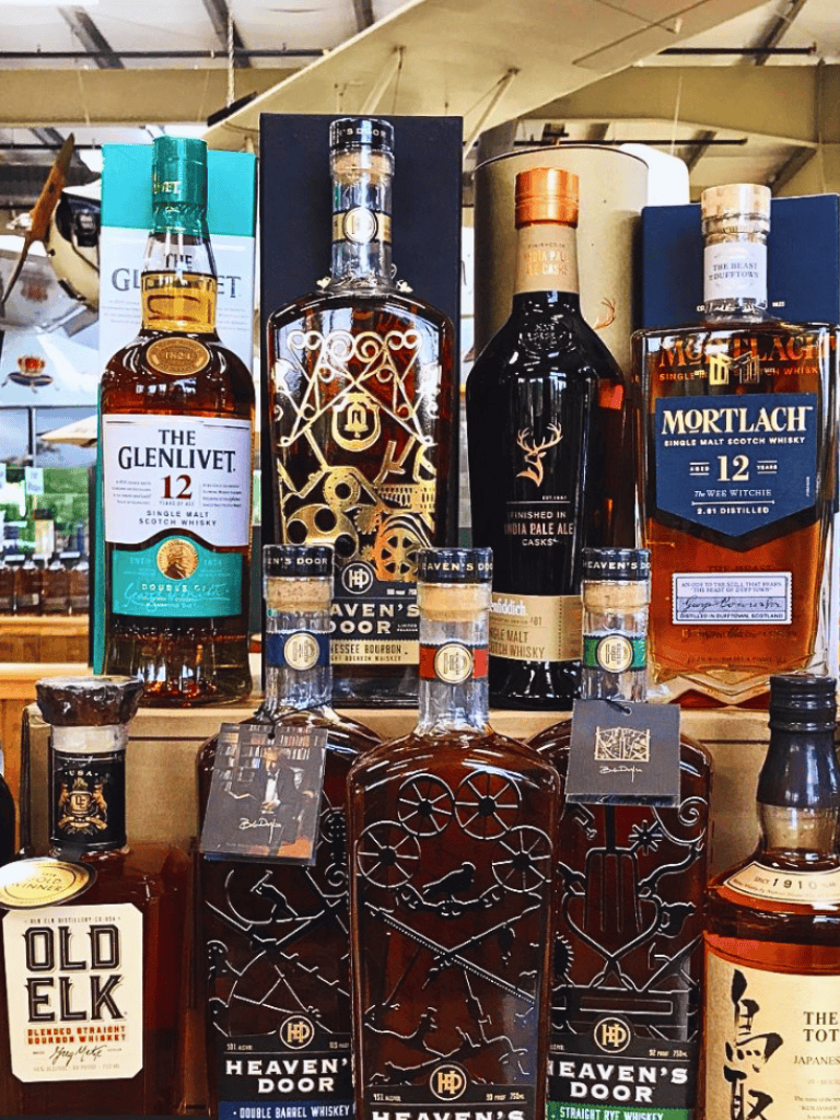 Richly designed whiskey bottles displayed on store shelves, showcasing premium Scotch and bourbon brands.
