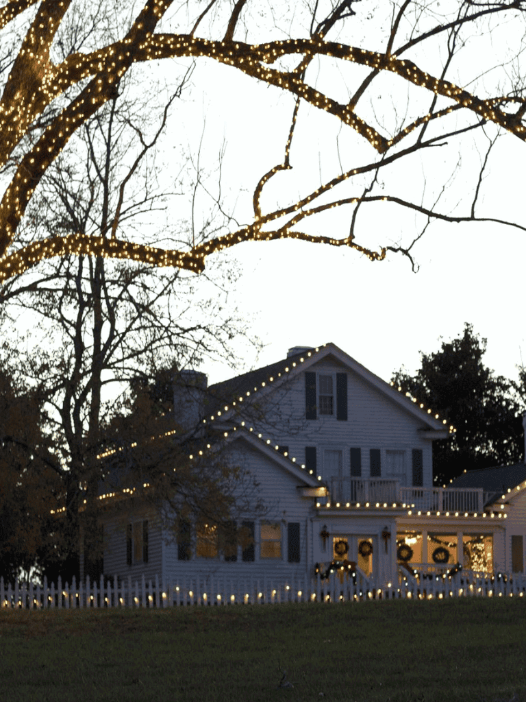 Lighted Holiday House with Christmas Wreaths and String Lights.