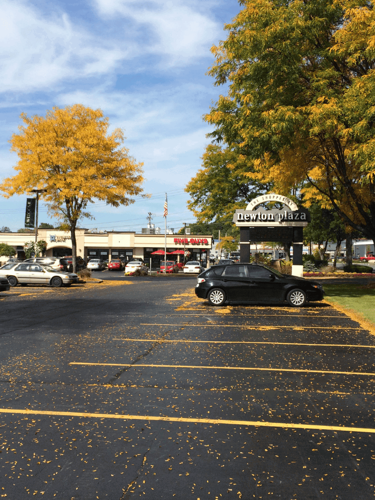 Colorful fall trees at Newton Plaza shopping center with parking lot and retail stores.