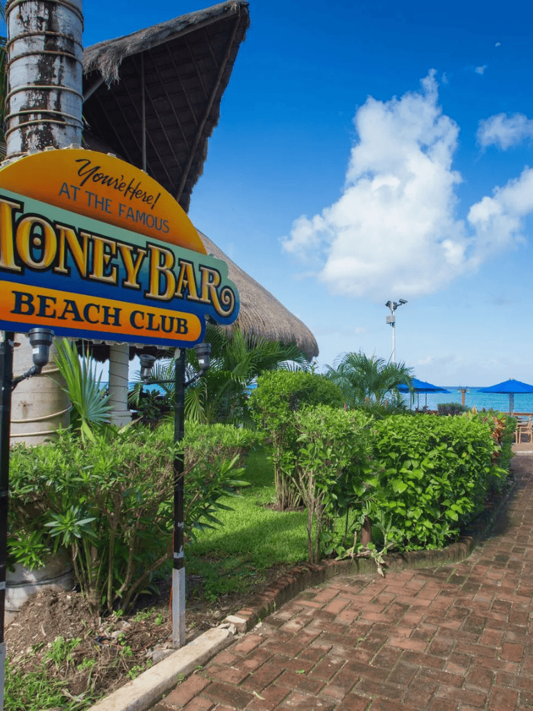 Colorful Honeybar Beach Club sign at tropical seaside resort, vibrant plants, blue sky, ocean view.