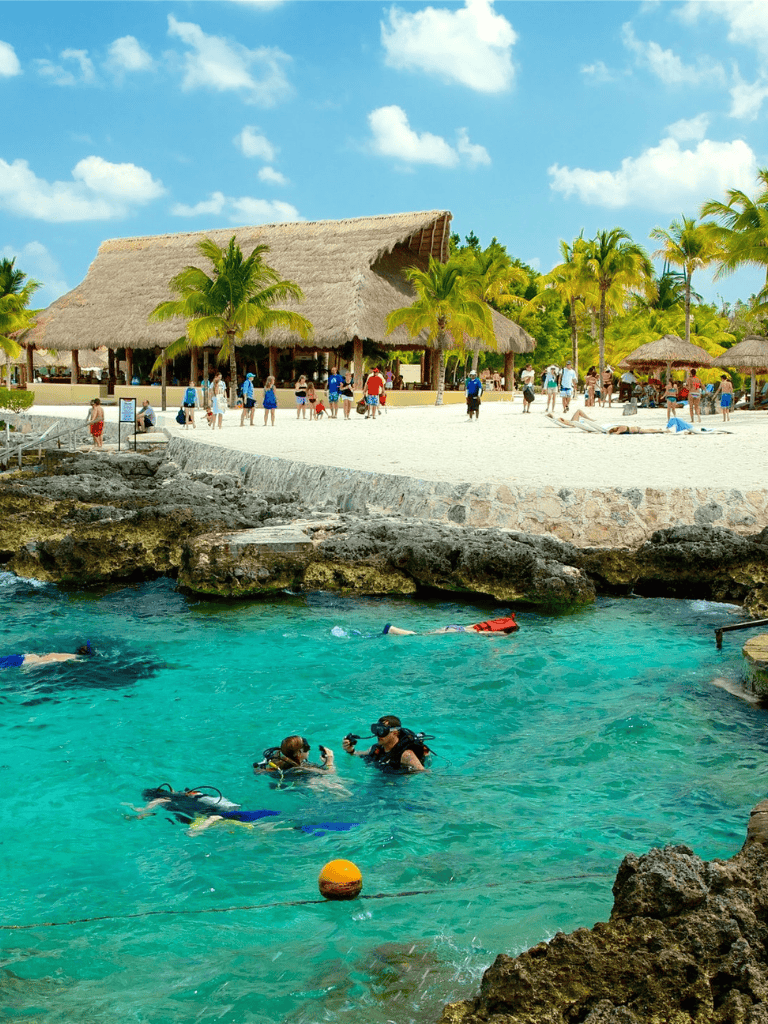 Vibrant beach scene with coral reefs and scuba divers enjoying crystal-clear waters at a tropical resort.