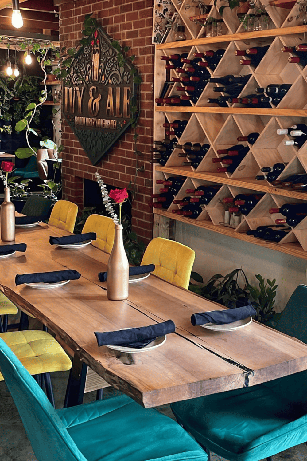 Cozy restaurant interior with wooden table, colorful chairs, wine rack, and lush plants for a welcoming dining experience.