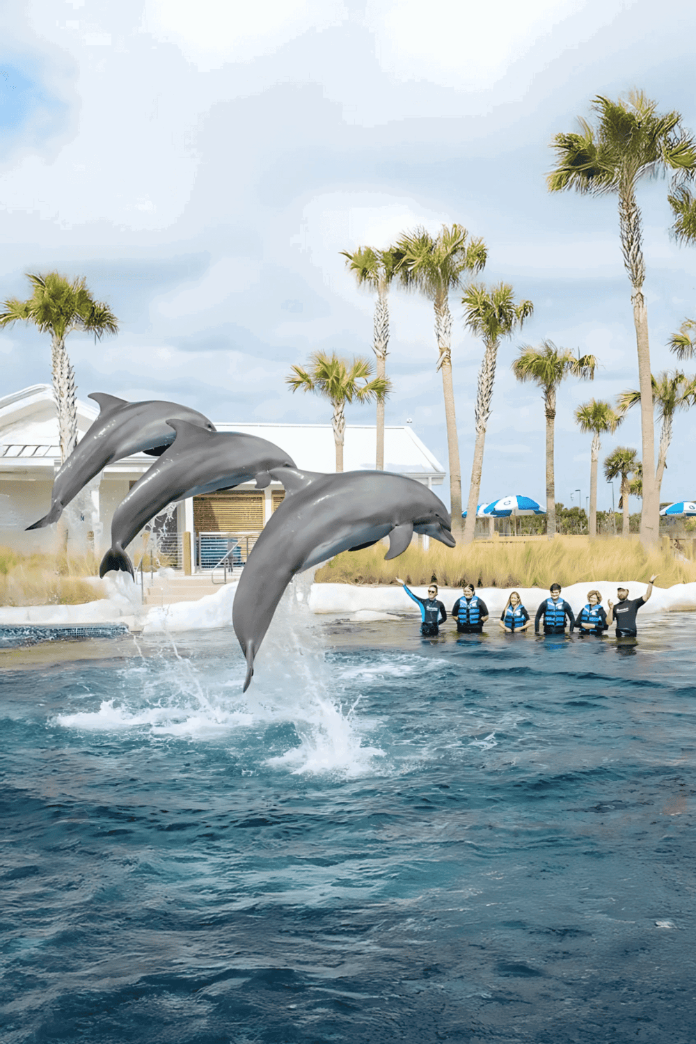 Dolphins jumping out of the water at Quest for Directions marine park with palm trees and visitors in the background.