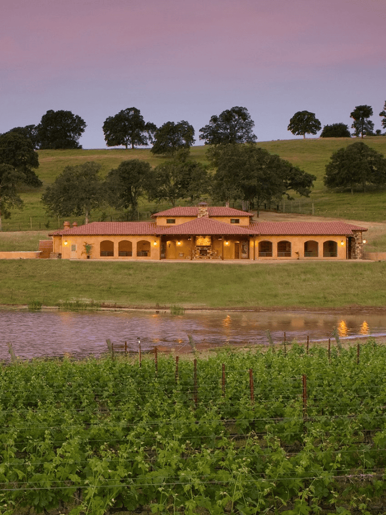 Luxury countryside villa by a lake with vineyards and rolling hills, perfect for tranquil retreats and scenic escapes.