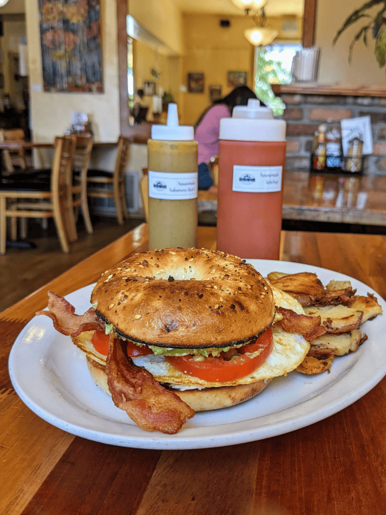 Fresh bacon, lettuce, tomato, and fried egg bagel sandwich with side hash browns at a cozy restaurant.