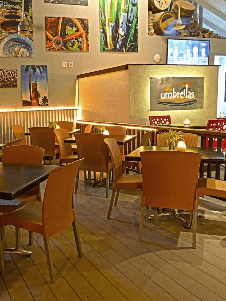 Cozy restaurant interior with artwork, wooden furniture, and ambient lighting | questfordirections.