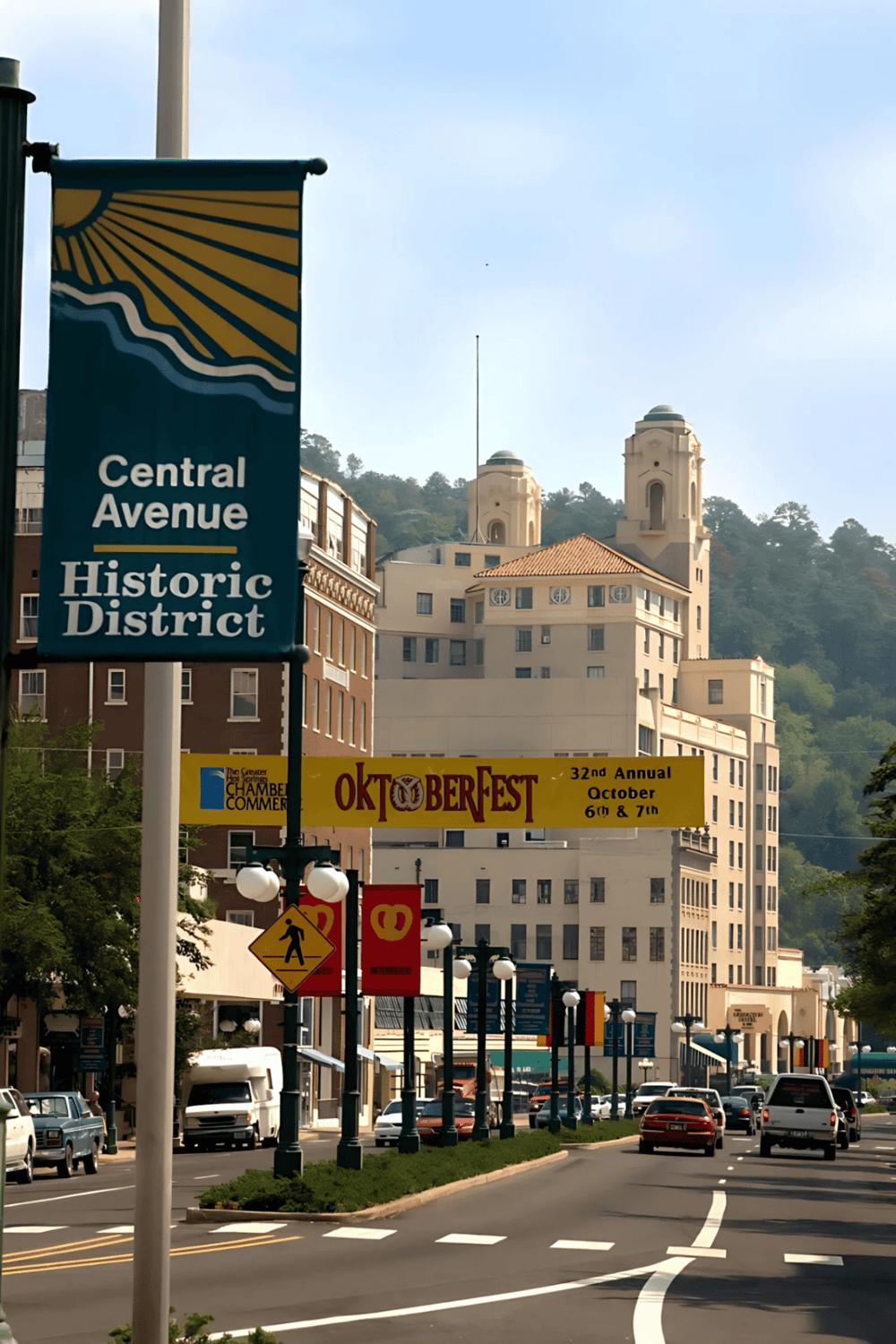 Historic downtown San Francisco with Central Avenue sign and colorful Octoberfest banner.