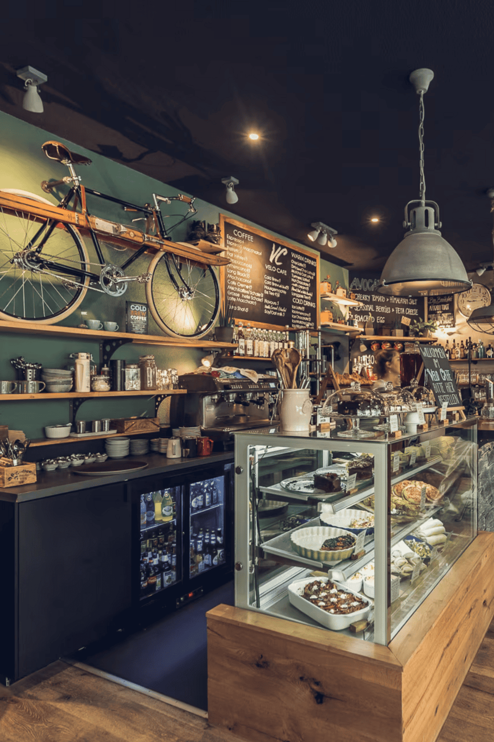 Bike mounted on coffee shop wall.